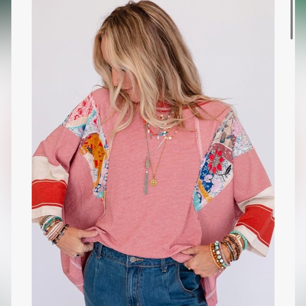 New Crew Neck Stripe Floral Color Block Patchwork Knitted Tee dolman sle…